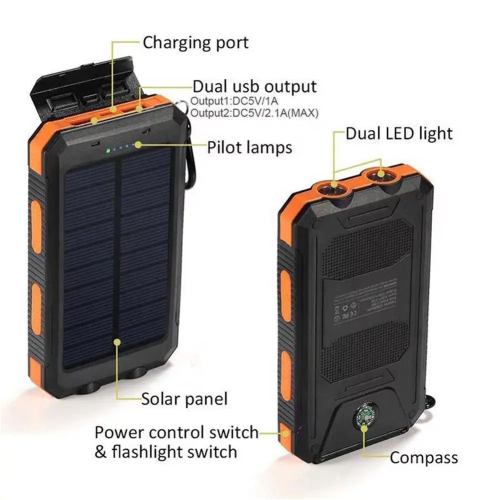 Mobile Phone Fast Charger Solar Panel Dual USB Power Bank Case SOS Light Flashing Light Compass Bank Power Case External Box